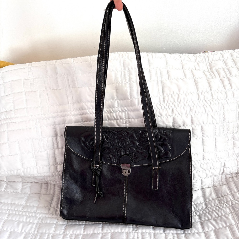 Patricia Nash Black Floral Embossed Leather Shoulder Briefcase Bag